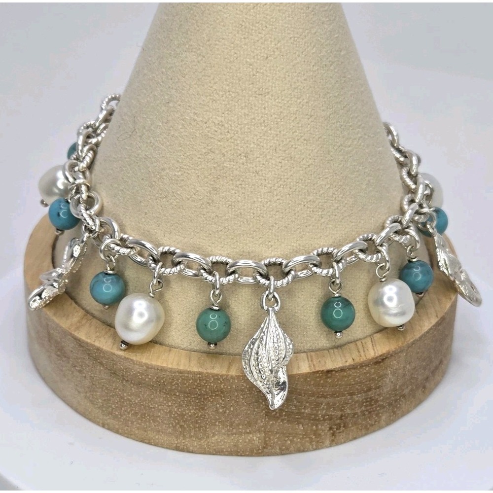 Sterling Silver Milor Italy Turquoise & Pearl Bracelet 30g Jewelry 8" Sea Life